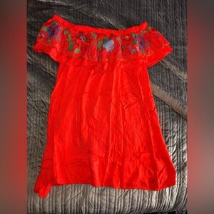 Umgee Vibrant Red Off-Shoulder Dress with Floral Embroidery